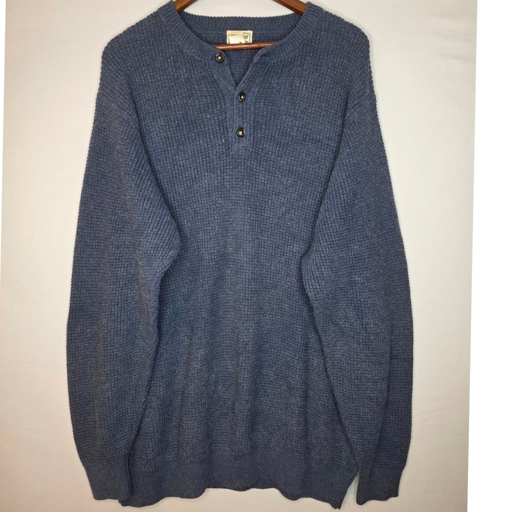 LL Bean Henley Sweater XXL Tall Pullover Chunky Blue Cotton/Wool Grandpa